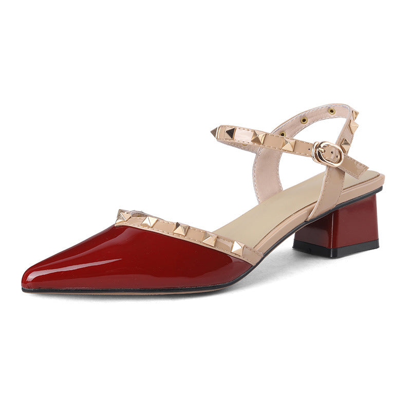 Fashion Pointed Rivets Middle Heel Back Empty Shoes