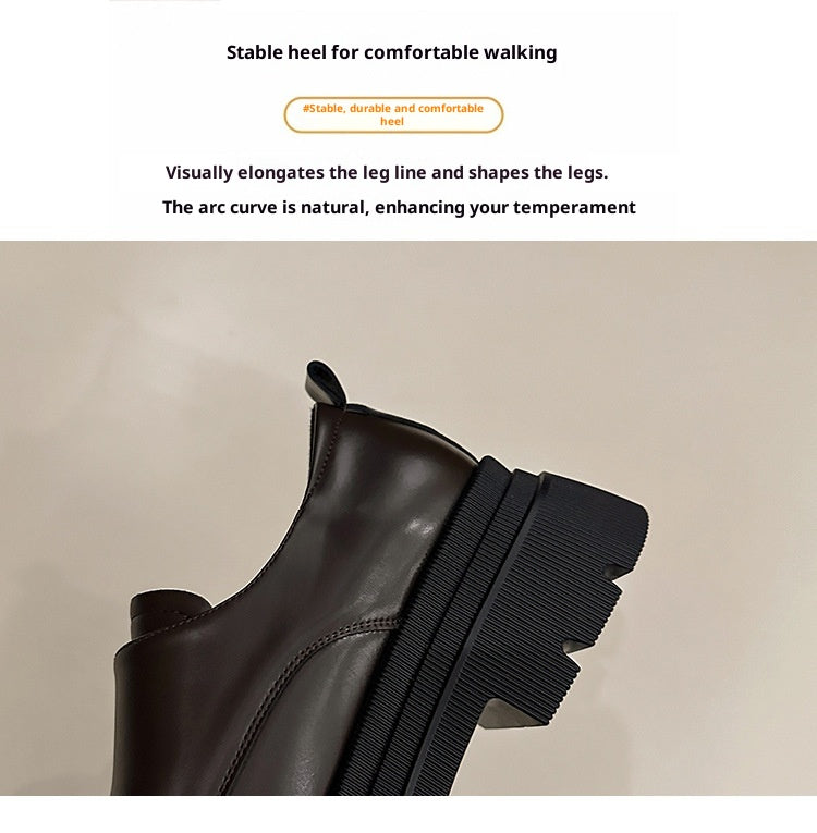 Women's Black Chunky Heel Leather Shoes British Style