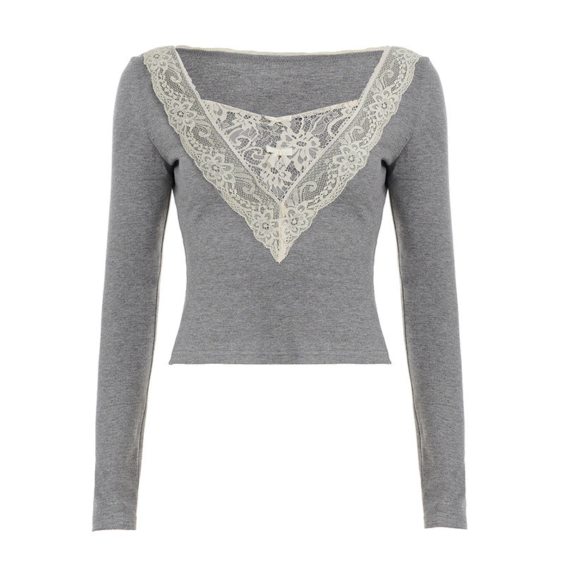 French Sweet Style Slim-Fit Mock Two-Piece V-Neck Lace T-Shirt