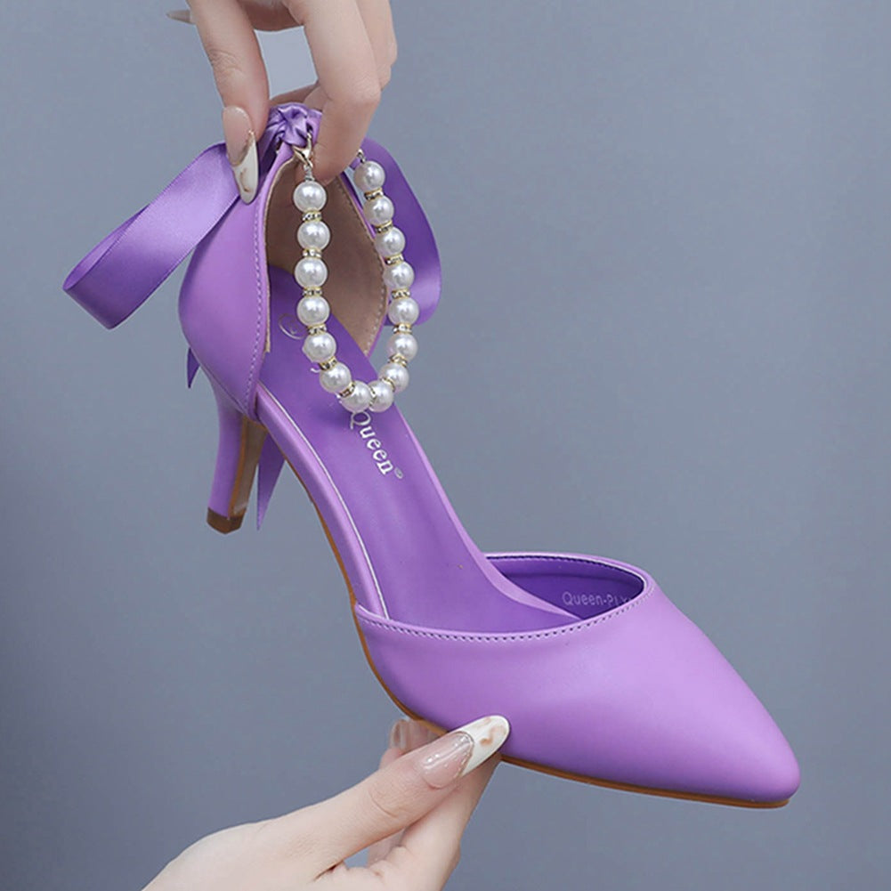 Mid Heel Rhinestone  7cm    Beaded Ribbon Sandals Matte Soft PU Leather Dress Shoes For Women
