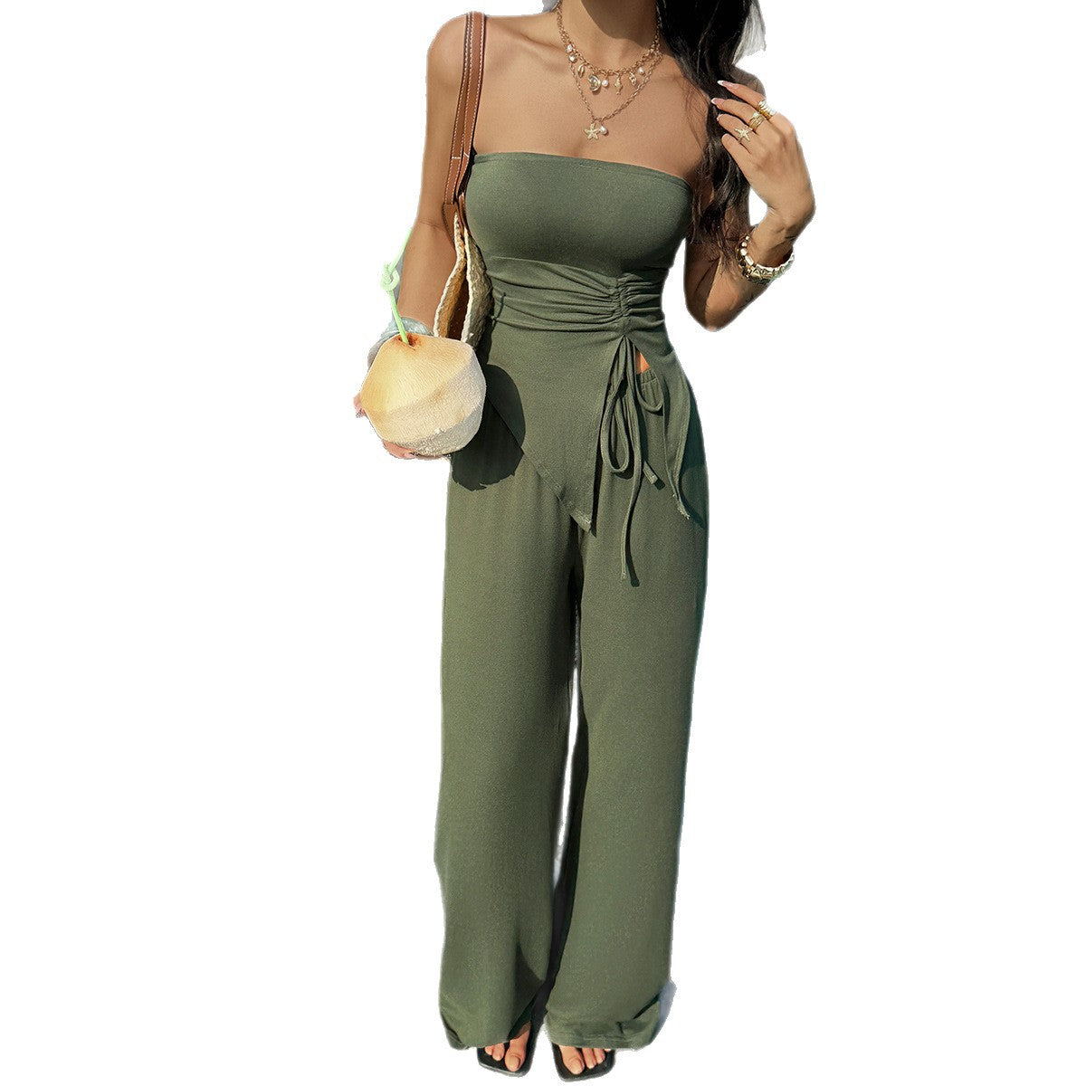 Womens Solid-Color Fashion Casual Resort Top And Pants Set