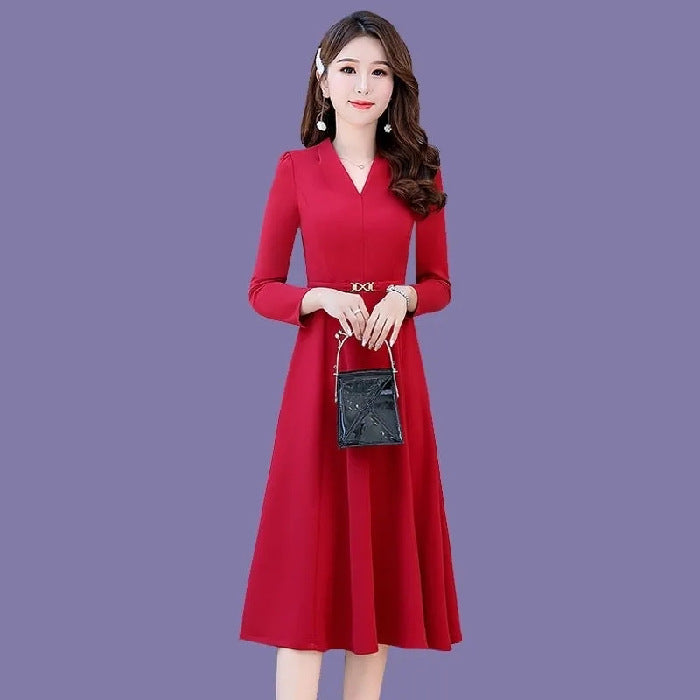 Autumn Longsleeve Kneelength Vneck Maxi Dress