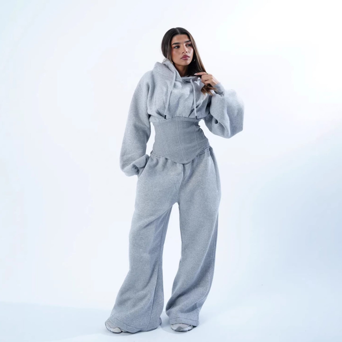 Womens Slim-fit Waist-cinching Hoodie And Drawstring Pants Two-piece Set
