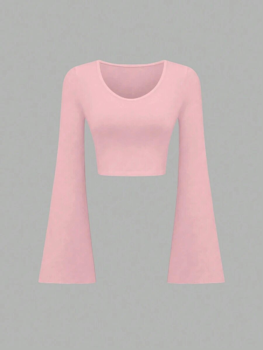 Fashion Solid Color Scoop Bell Sleeve Short Slim Fit Slimming T-shirt