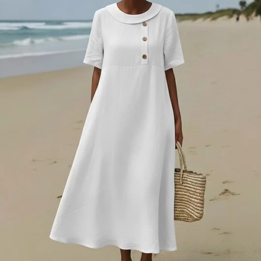 Solid-color Comfortable Crew-neck Loose-fitting Dress For Women