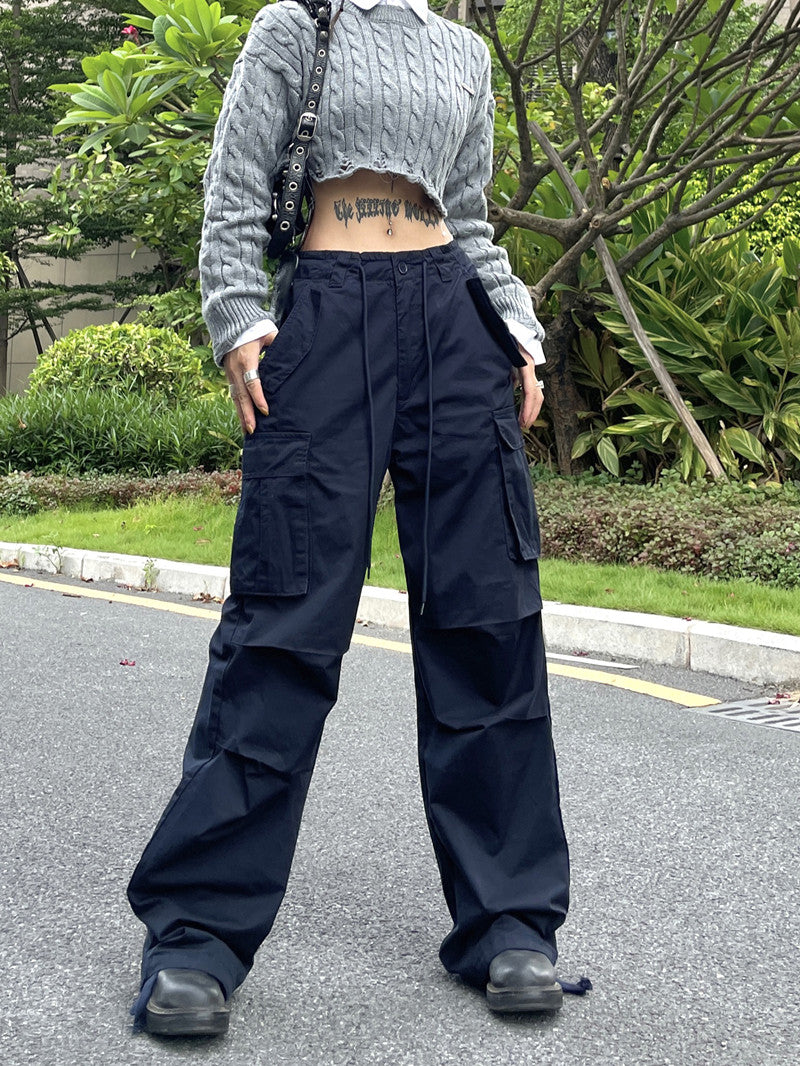 Street Drawstring Work Casual Pants With Loose Pockets