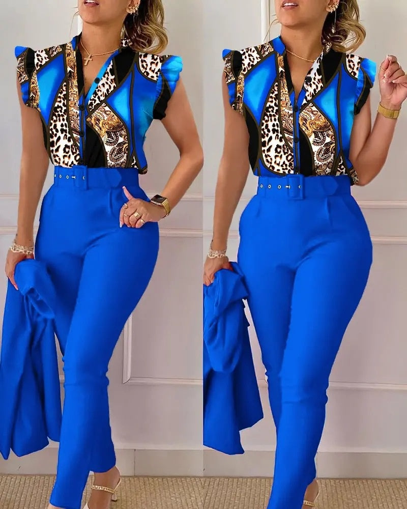 Printed Ruffle Sleeve Top Solid Color Pants Suit With Belt