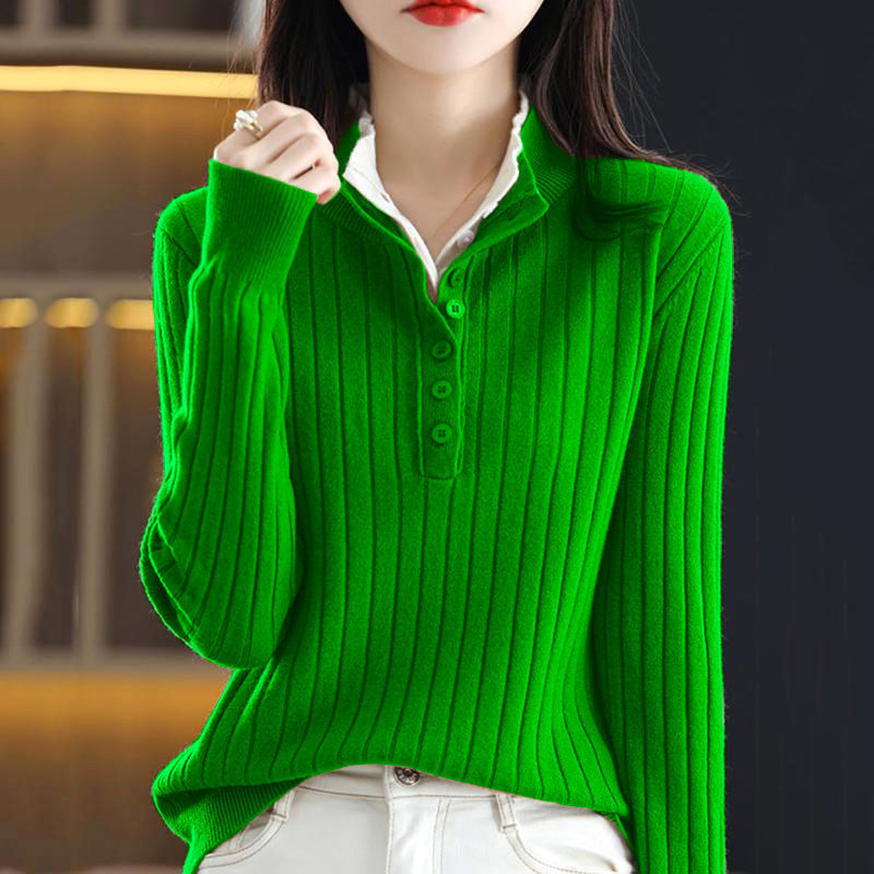 Fake Two-piece Half-open Collar Button-up Sweater Women
