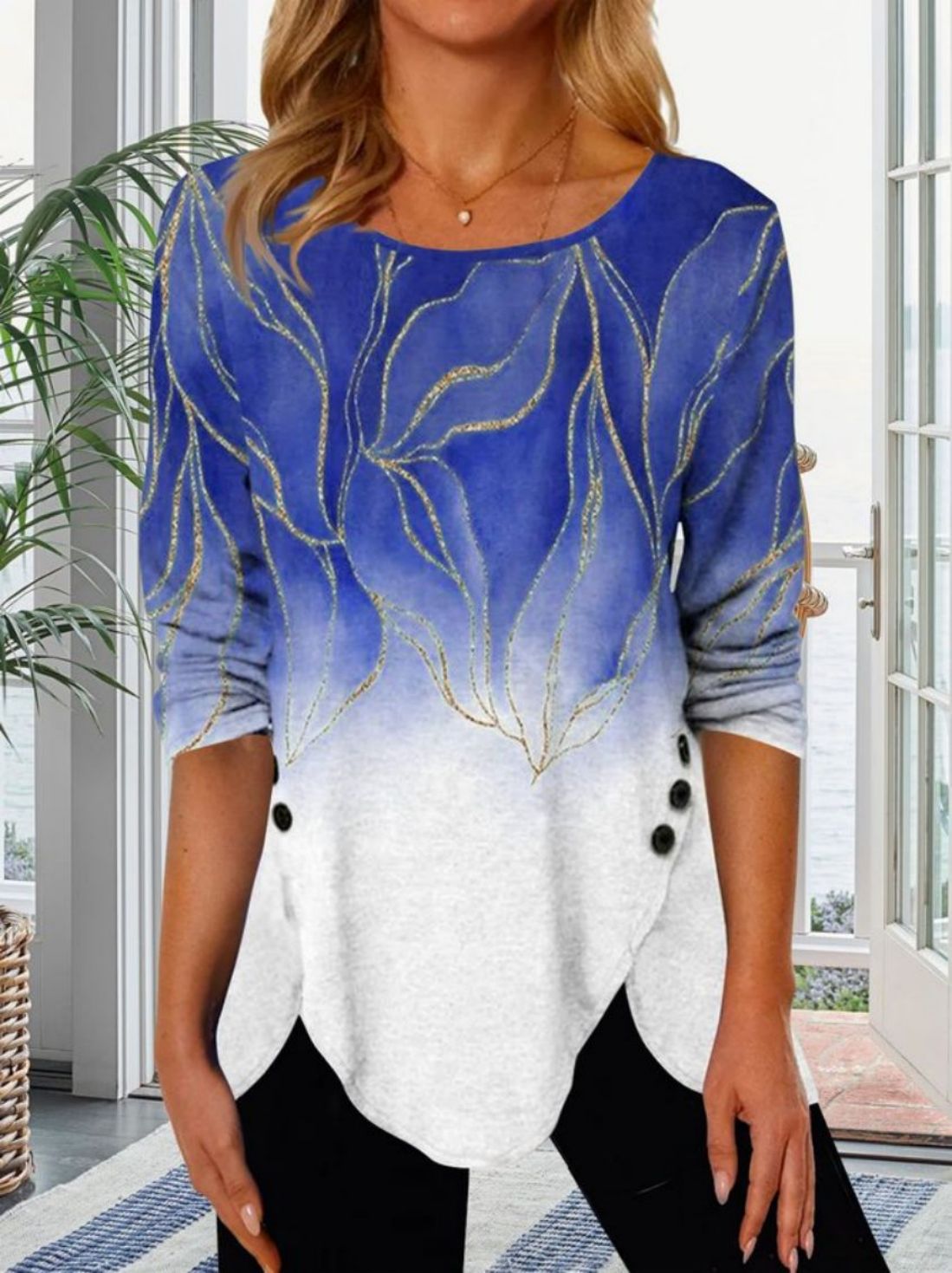 Printed Buttons Irregular Hem Crew Neck Mid Sleeve T-Shirt