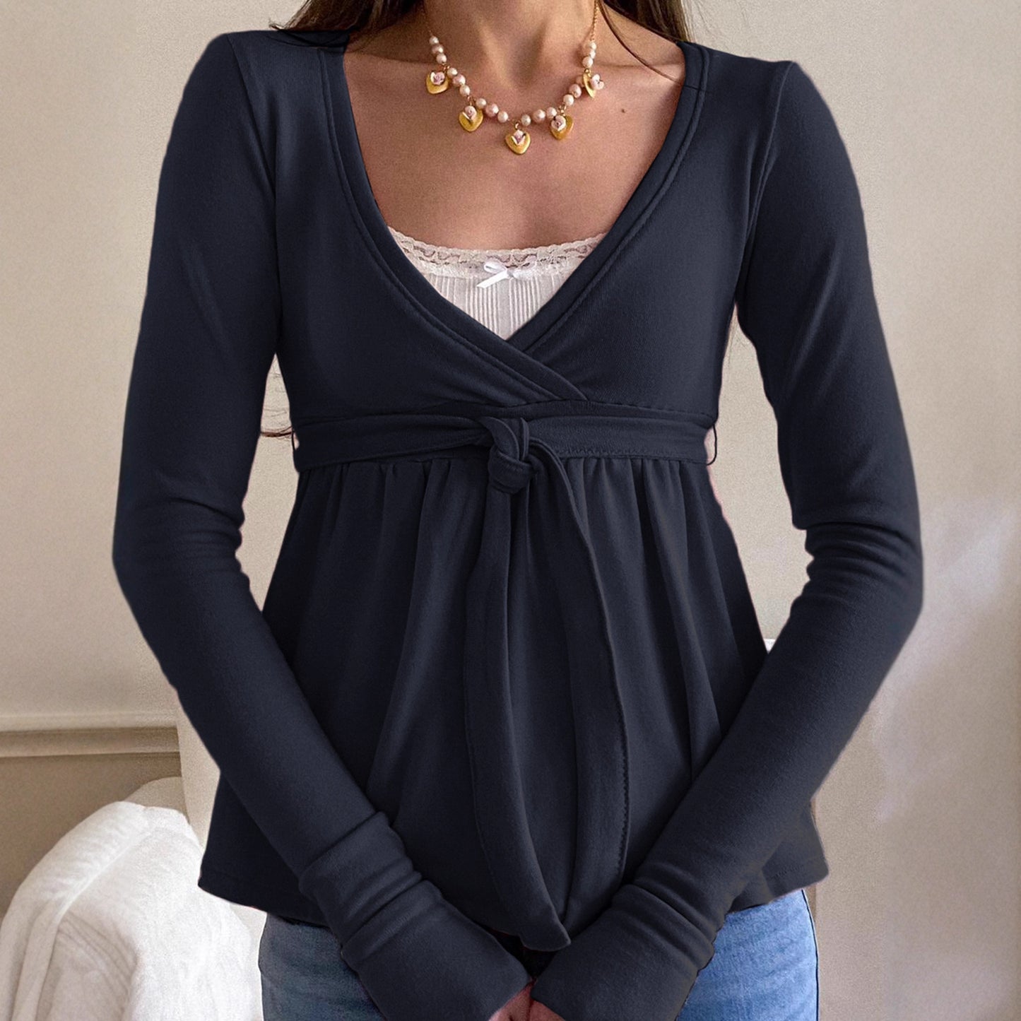 Cross-neck Tie-up Ruffled Loose-fit Lace Bow Long Sleeve