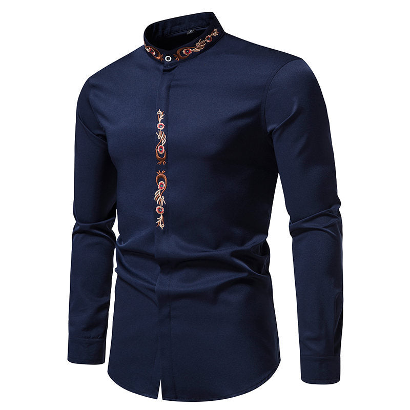 Mens Fashion Embroidered Casual Long-Sleeve Shirt