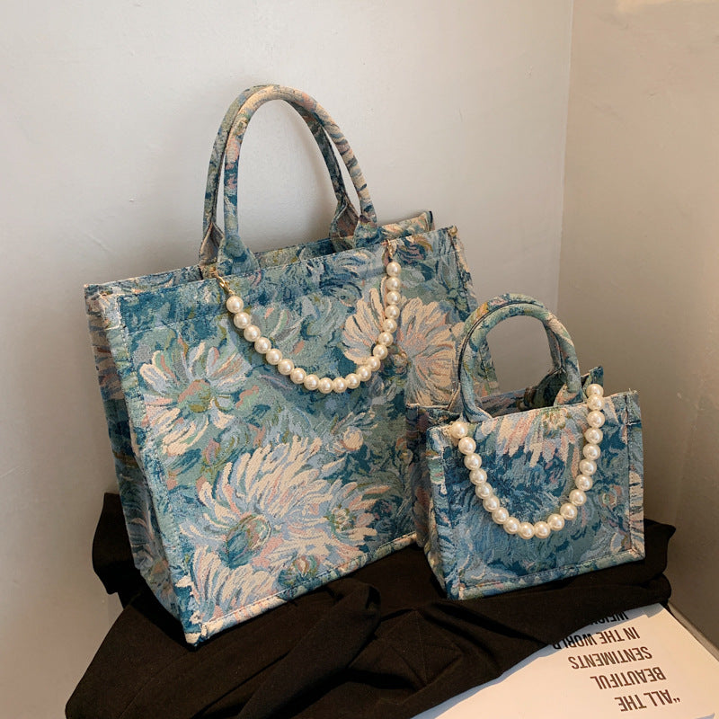French Niche Pearl Jacquard Monet Garden Oil Painting Tote Bag