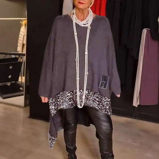 Loose And Irregular Hem Sequin Stitching Round Neck Long Sleeve Top