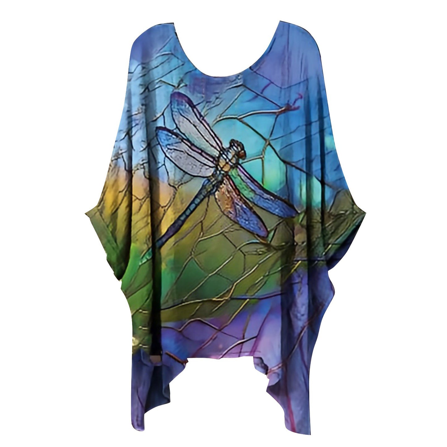 Ethnic-style Printed Loose-fitting Irregular Plus-size Batwing Top