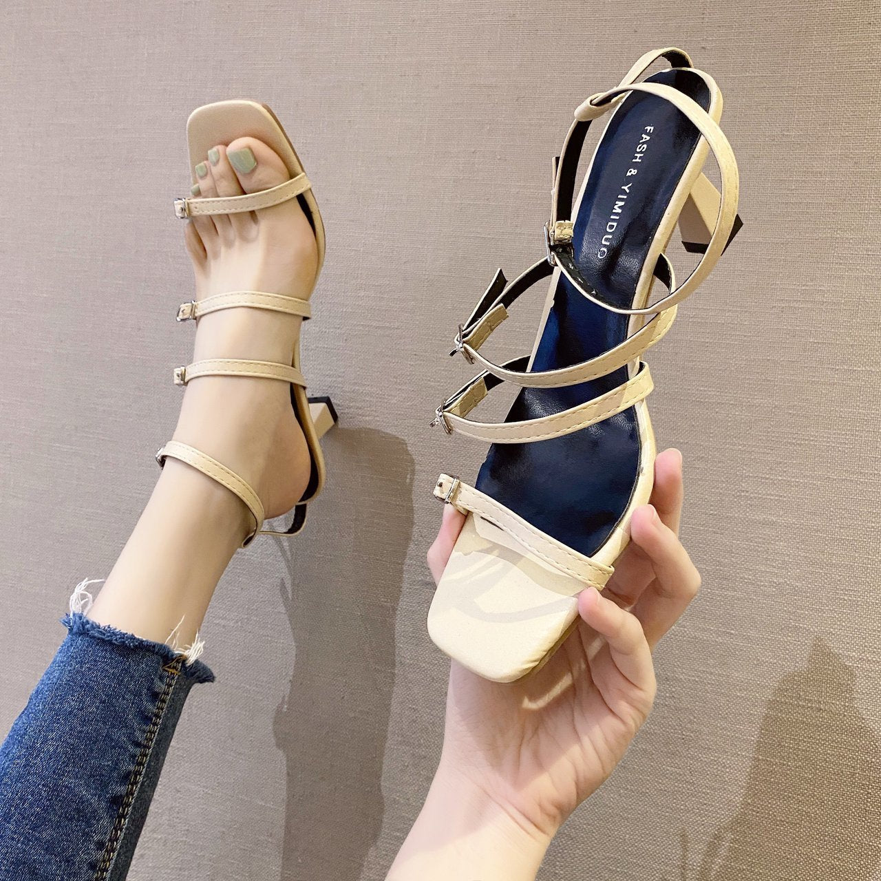 Fashion Retro Word Belt Summer Thick Heel Women Sandals