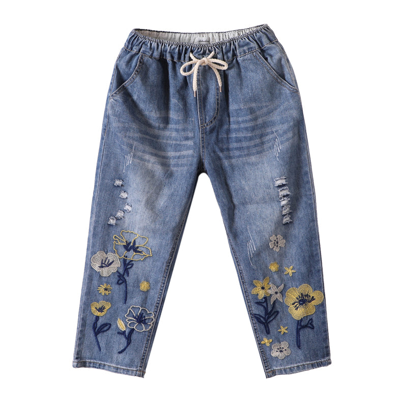 Kvinders Broderede Hul Otte-punkts Harem Bukser Broderede Blomster Sommerbukser
