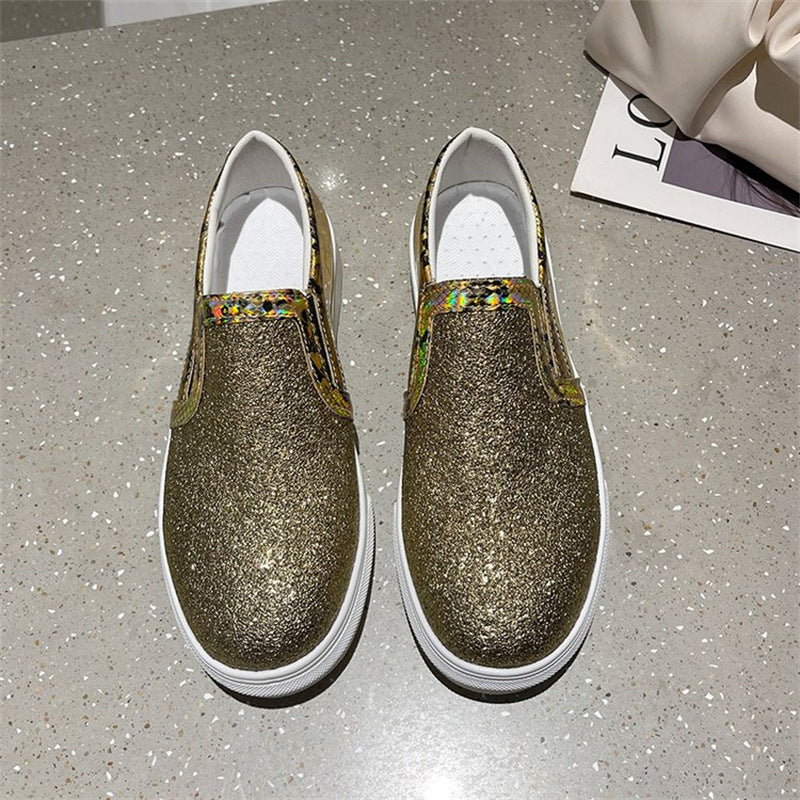 Flat Bottom Snake Pattern Pumps Female Sequins Round Toe Board Shoes