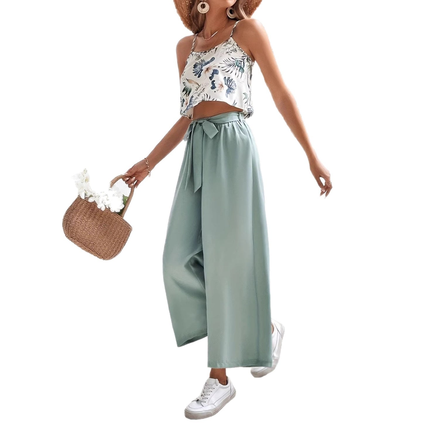 Womens Casual Printed Top And Tie-Front Pants Set