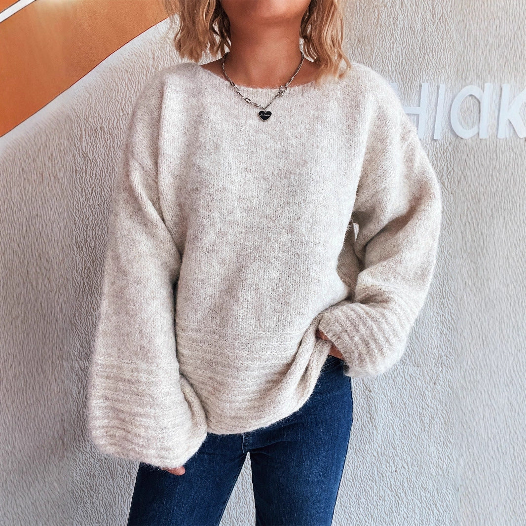 Afslappet løs strikket sweater med rund hals i vintage-stil