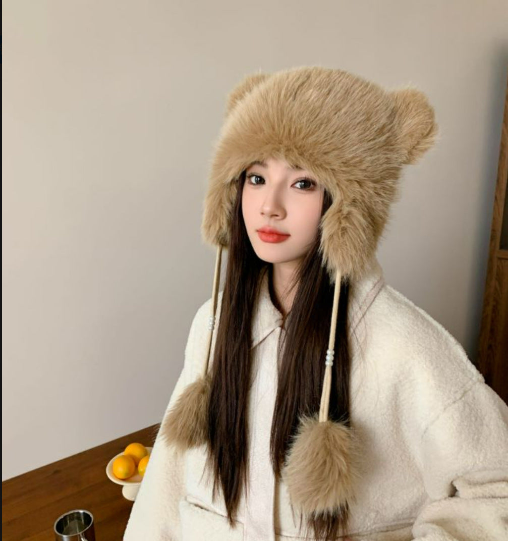 Winter Earflaps Thick Plush Women Cute Bear Ears Hanging Ball Thermal Head Cover Beanie Hat