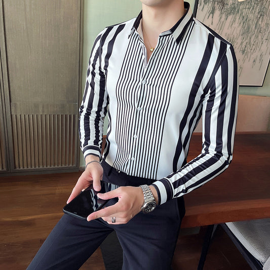 Striped Pointed Collar Non-iron Shirt Long Sleeve Casual Ice Silk
