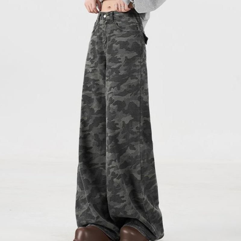 Retro Camouflage Wide-leg Jeans Women's Summer High Street Drape