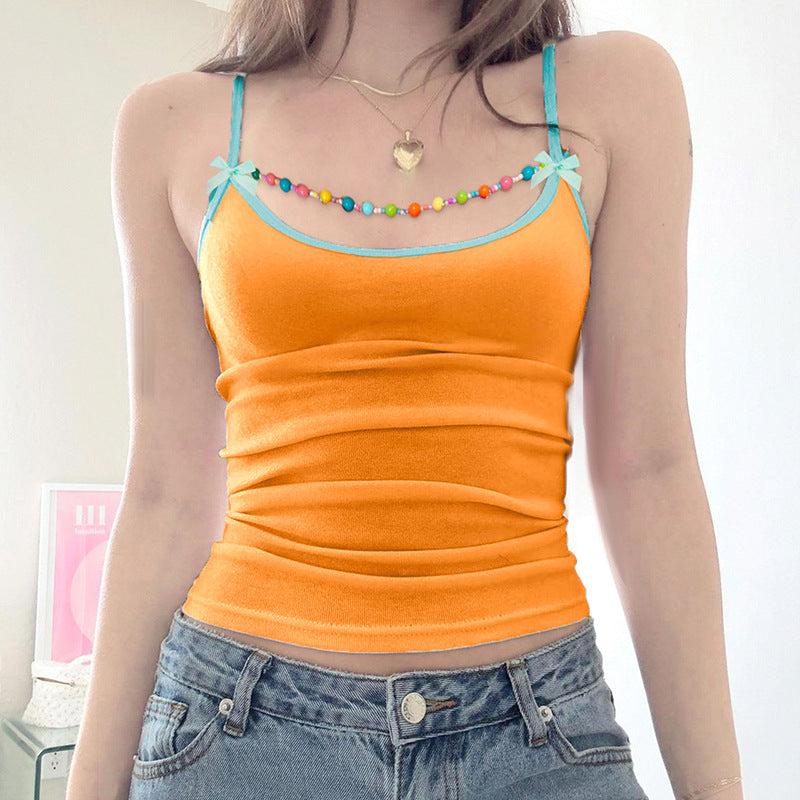 Summer Girl Dopamine Color Beaded Bow Small Sling Sexy All-matching Top