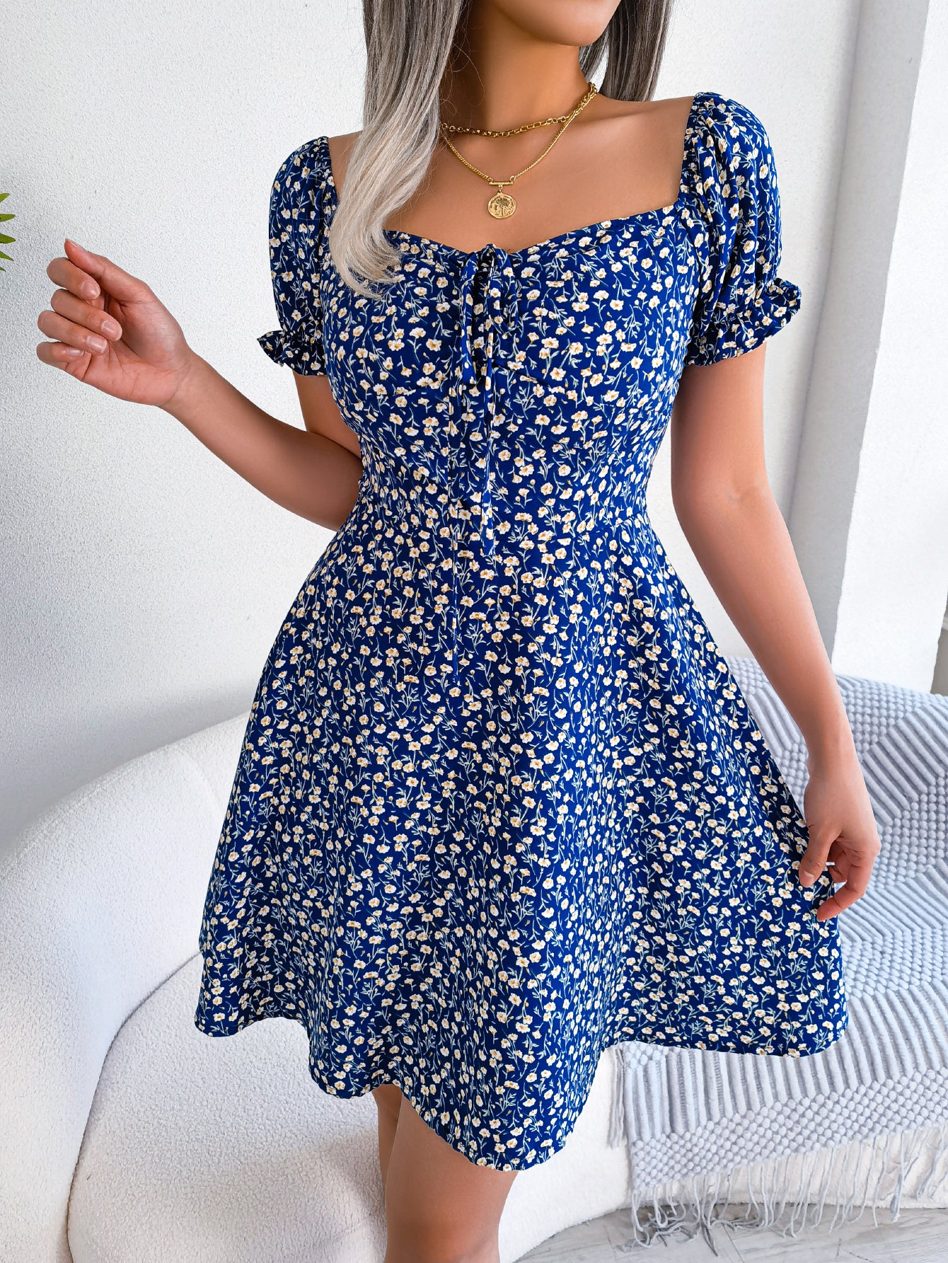 Women   Casual Bell Sleeve Drawstring Tie Flowy Floral Print Dress
