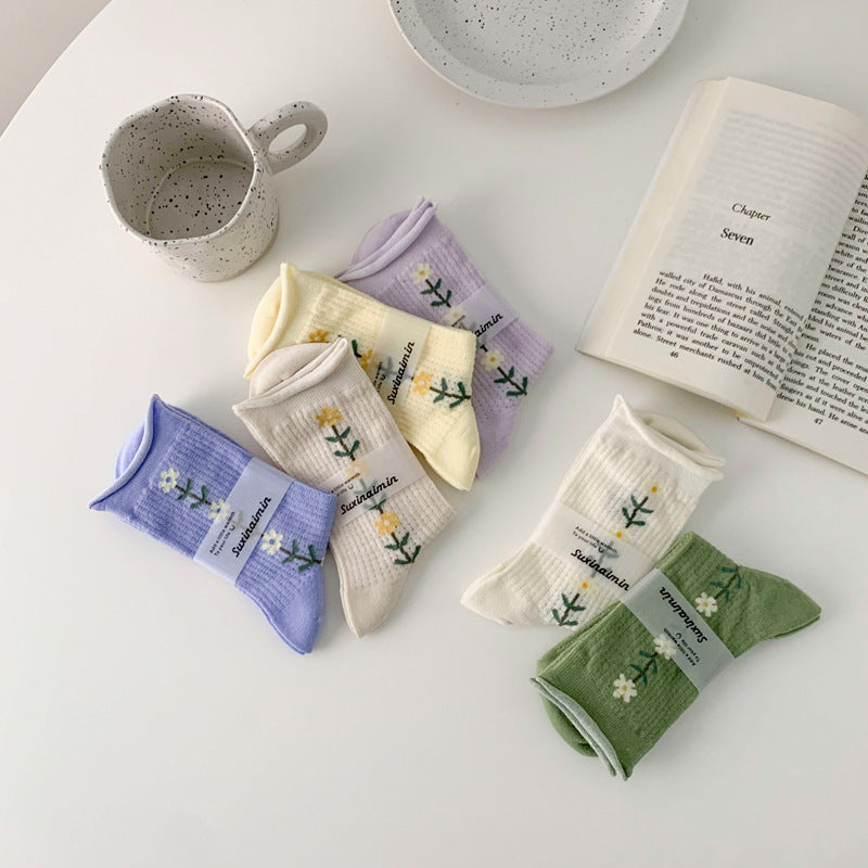 Thin Hollow Mesh Rolled Edge Women's Socks With Small Flowers