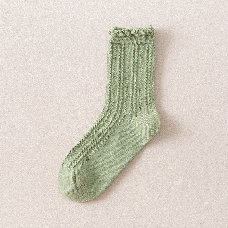 Autumn Japanese Solid Color Ins Lace Bubble Cotton Breathable Mid-calf Socks