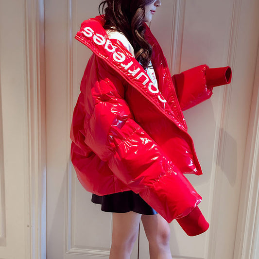 Women's Loose And Short Bright Leather Disposable Cotton Coat