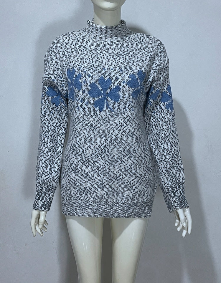 Embroidered Jacquard Pullover Loose Bottoming Shirt Mock Neck Sweater Coat