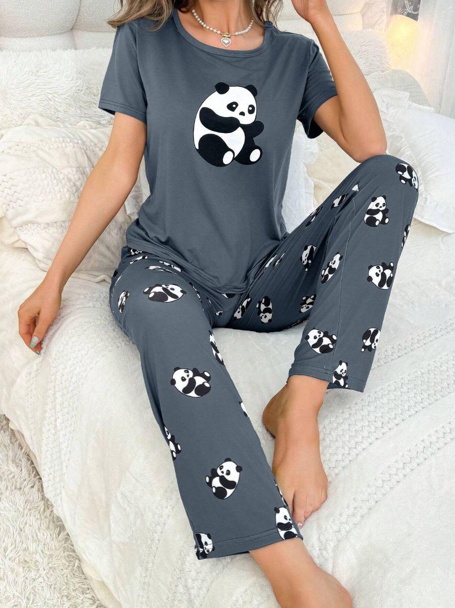Home Round Neck Printed Short Sleeve T-shirt Top And Trousers Suit
