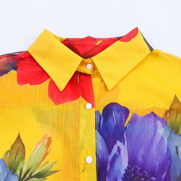 Women's Simple Bell Sleeve Printed Chiffon Shirt