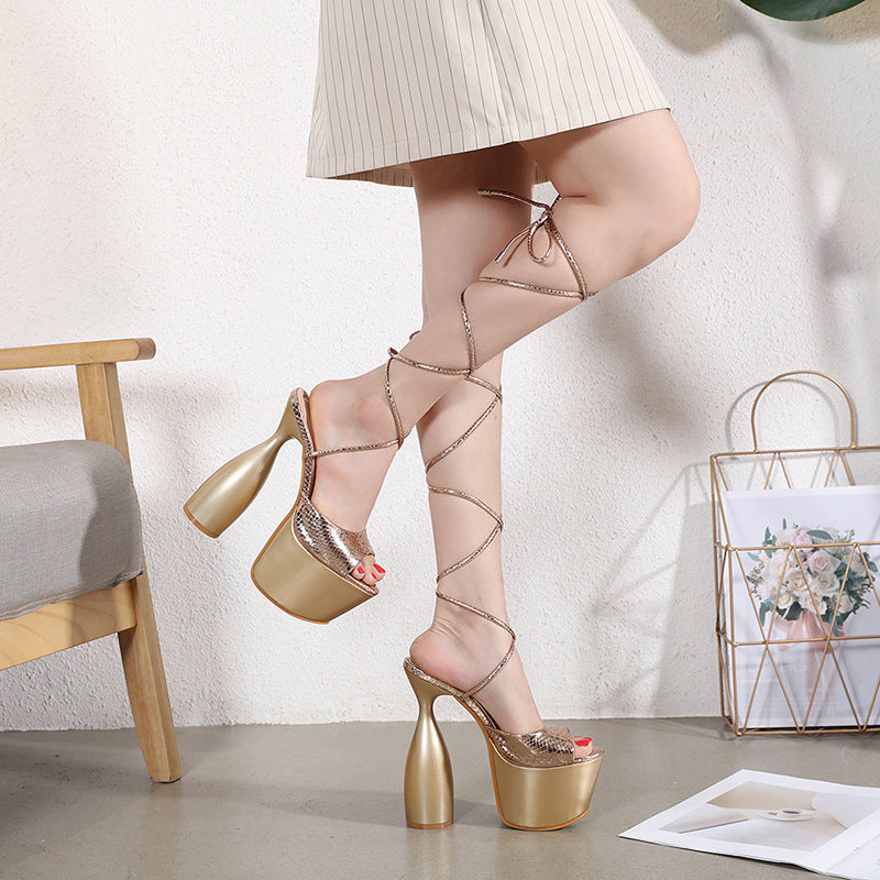 Shaped And Thick High-heeled Waterproof Platform Fish Mouth Cross Strap Female Roman Sandals
