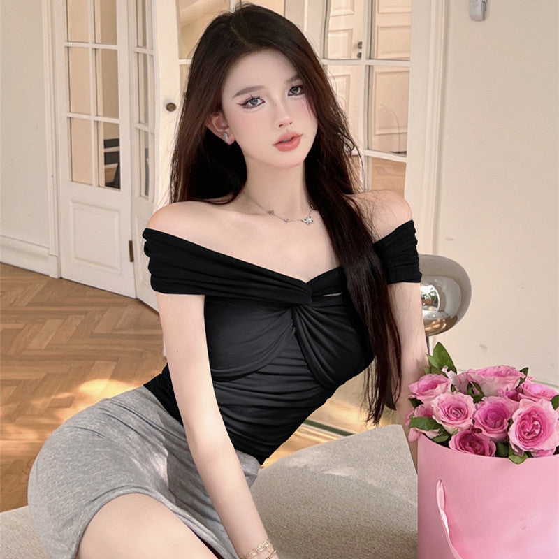 Women's Niche Blue Short-sleeved Sexy Tight-fitting Thin T-shirt