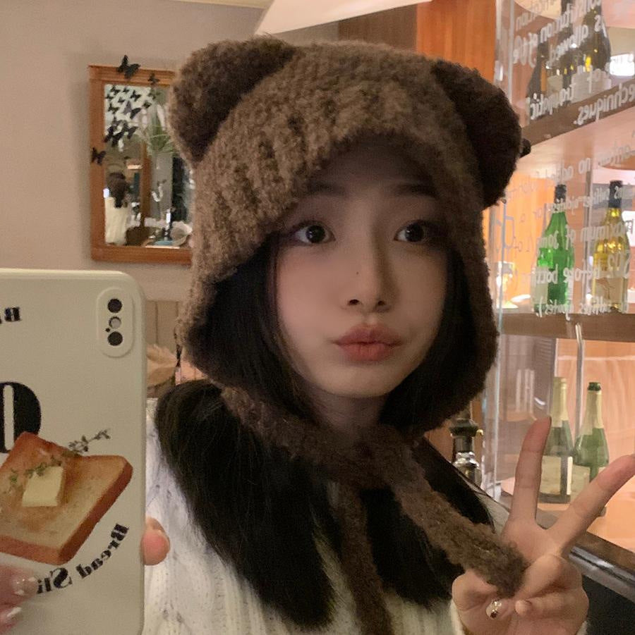 Women's Lace-up Cute Bear Ears Plush Hat