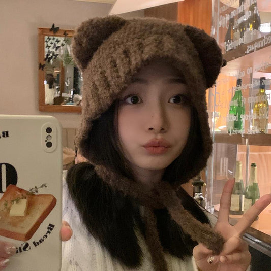 Women's Lace-up Cute Bear Ears Plush Hat