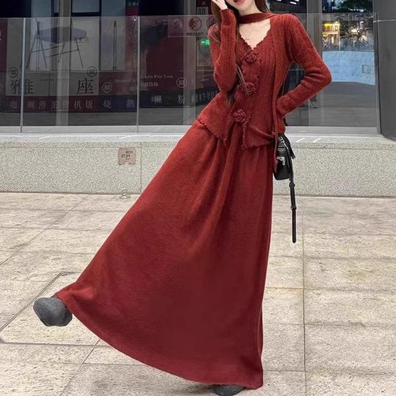 3D Flower V-neck Ribbon Long-sleeved Knitwear High-waisted Slim-fit Set