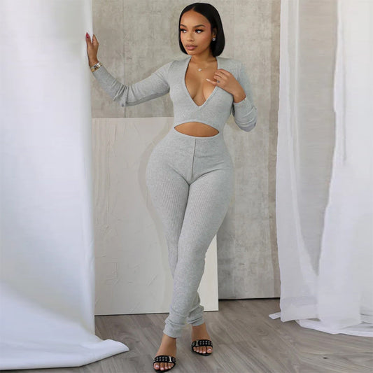 V-hals udhulet langærmet sexet yderst elastisk jumpsuit