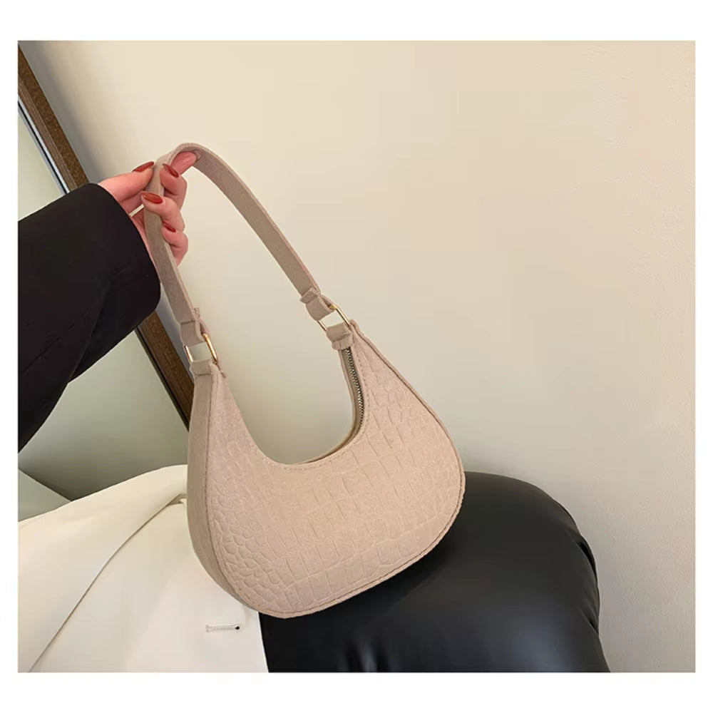 Women’s Retro Felt Underarm Bag - Solid Color Shoulder Bag, Casual Dumpling Crossbody Purse