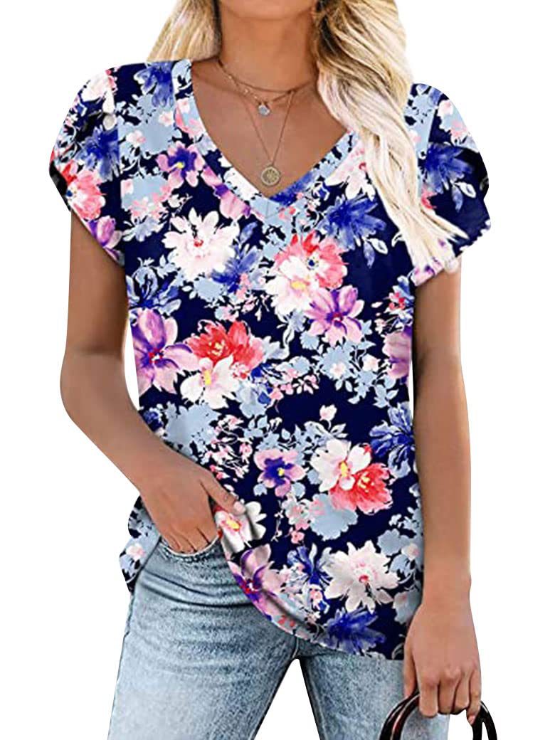 Tie Dyed Floral V-neck Loose Women's T-shirt