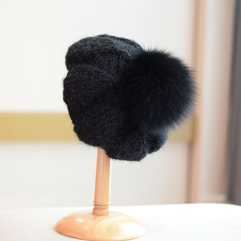 Knitted Fox Velvet Woolen Cap For Women