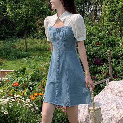 French-style High-waisted Faux Two-piece Denim Dress For Women