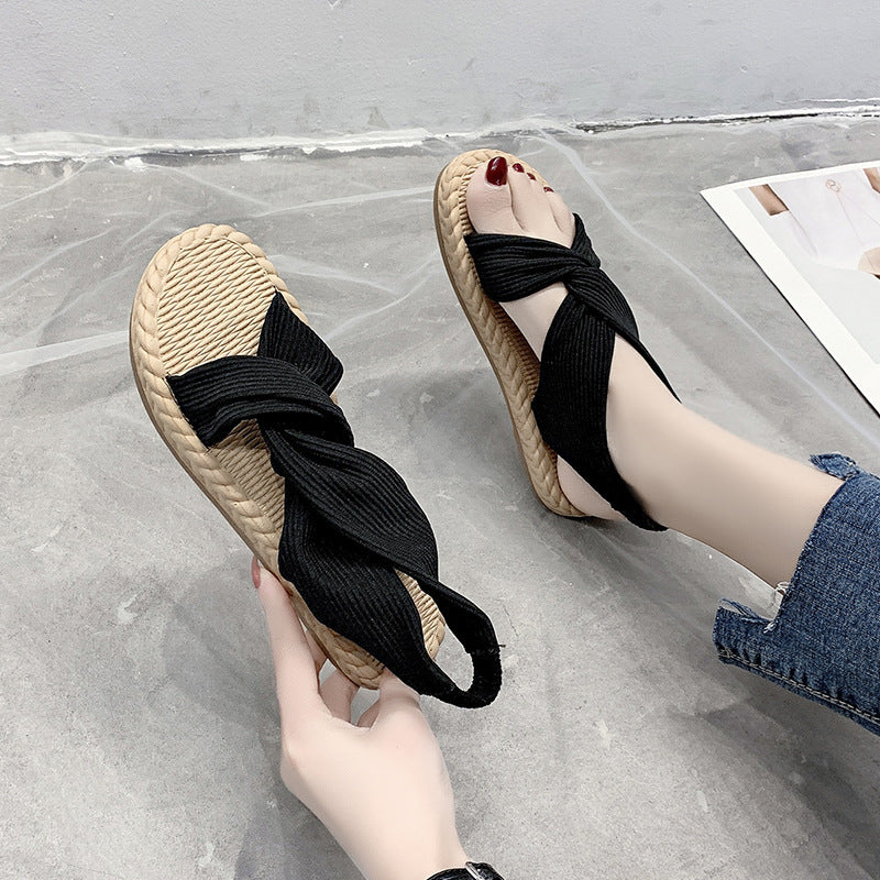 Summer New Style Simple Flat-bottomed Suede Cross One Word Elastic Roman Sandals