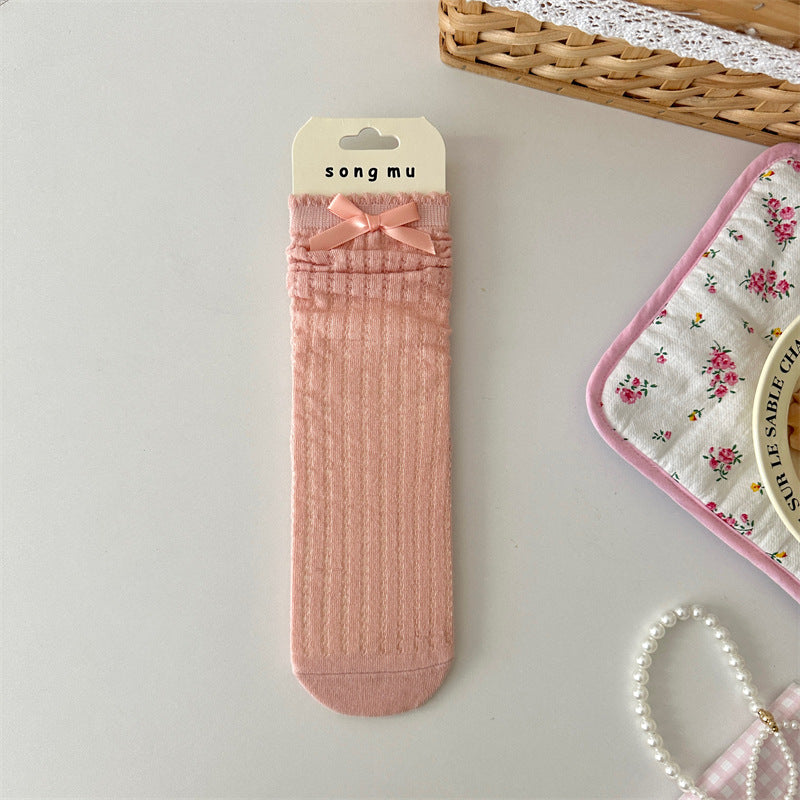 Thin Mesh Hollow Out Bow Mid-calf Length Loose Socks Breathable Sweat Absorbing