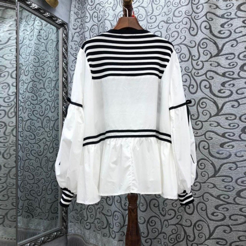 Striped Top Drawstring Long Sleeve Inner Wear Loose Shirt