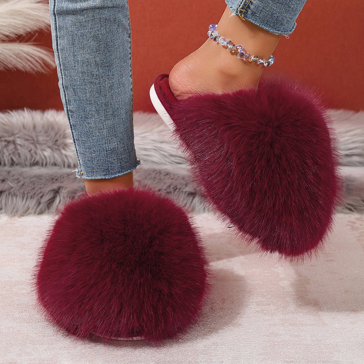 Kvinde Plus-size Ensfarvede Fluffy Store Pelsede Hjemmesko