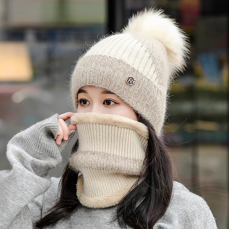 Cycling Warm With Velvet Cold-proof Women's Winter Cotton-padded Cap Scarf Set
