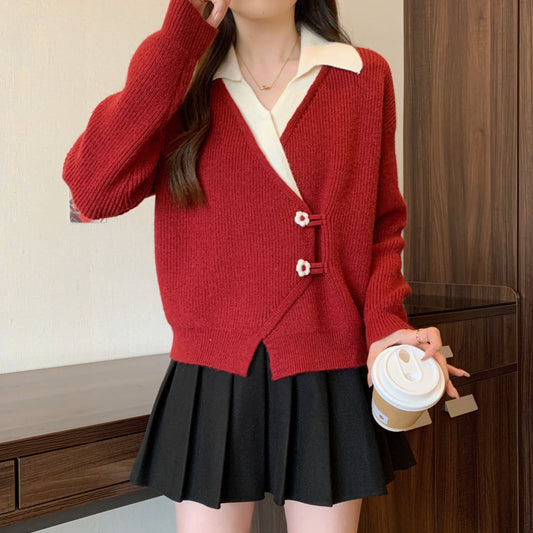 Chinese Style Red Irregular Sweater Coat For Women